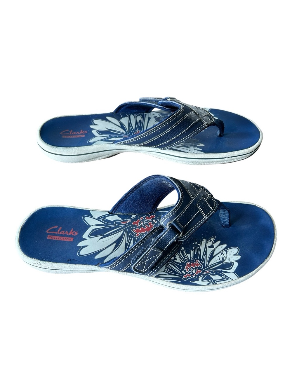 Clarks Cloudsteppers Breeze Sea Flip Flops Navy Blue Floral Print Womens Medium - Picture 7 of 11